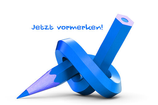 Blauer verknoteter Bleistift mit Text jetzt vormerken